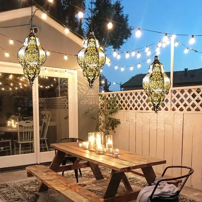 Moroccan Style Hollow Out Projection Light Solar Powered Iron Art Hanging Lantern for Garden Patio - Warm Light - 3