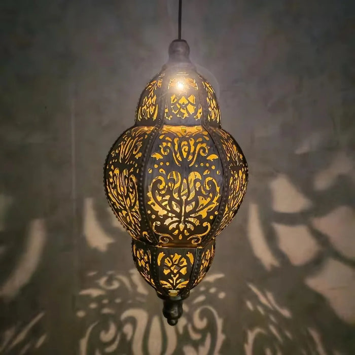 Moroccan Style Hollow Out Projection Light Solar Powered Iron Art Hanging Lantern for Garden Patio - Warm Light - 4