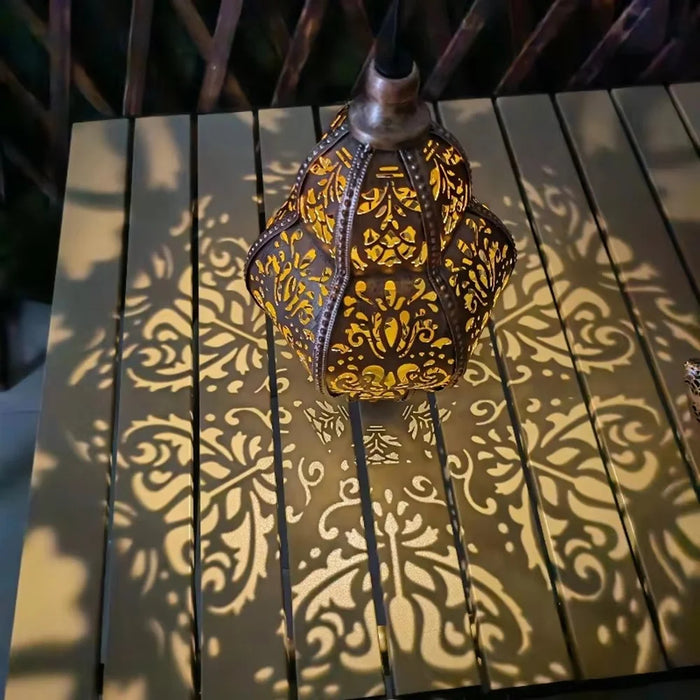 Moroccan Style Hollow Out Projection Light Solar Powered Iron Art Hanging Lantern for Garden Patio - Warm Light - 5