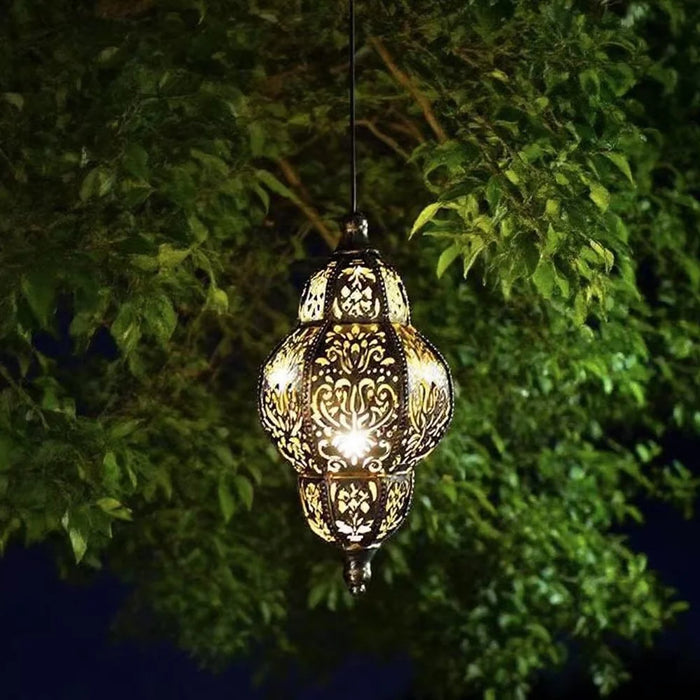 Moroccan Style Hollow Out Projection Light Solar Powered Iron Art Hanging Lantern for Garden Patio - Warm Light - 6