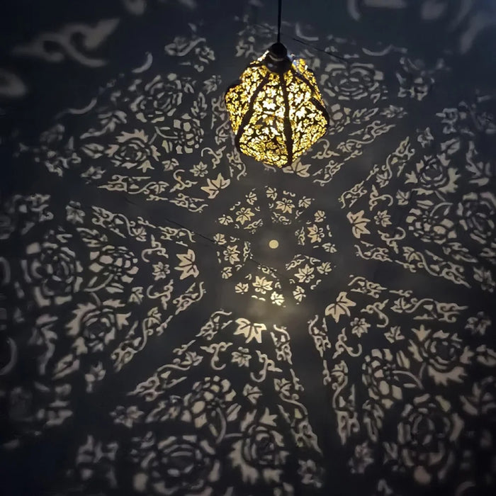 Moroccan Style Hollow Out Projection Light Solar Powered Iron Art Hanging Lantern for Garden Patio - Warm Light - 7