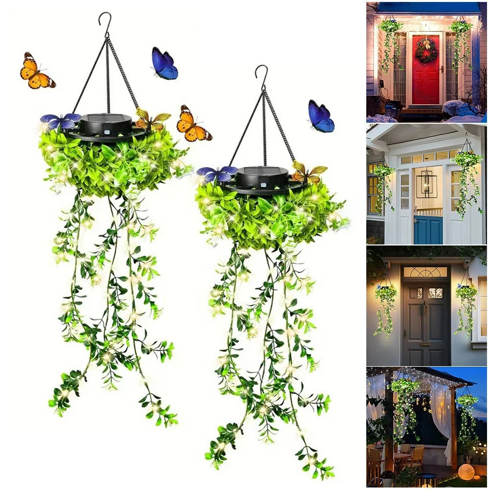 2Pcs Solar Hanging Garden Lights Flower & Grass Vine Fairy String Lights IP65 Waterproof for Porch Balcony Decor - 1
