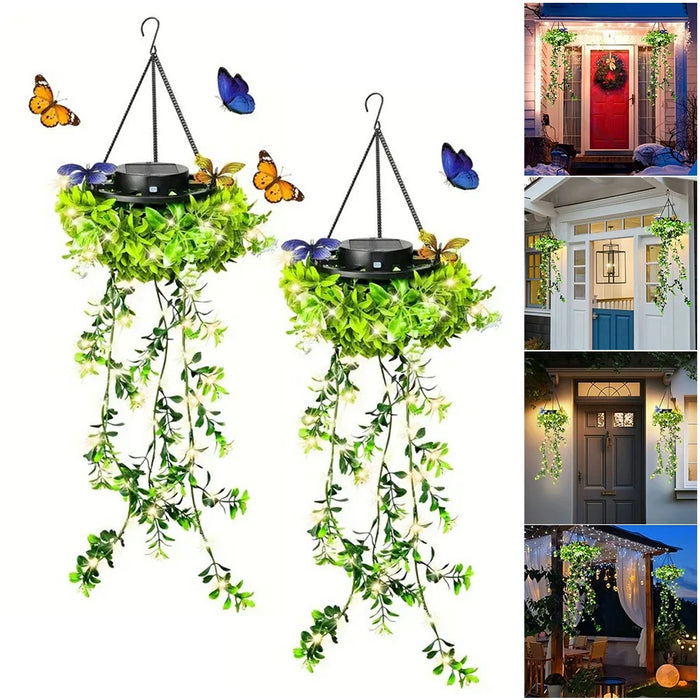 2Pcs Solar Hanging Garden Lights Flower & Grass Vine Fairy String Lights IP65 Waterproof for Porch Balcony Decor - 1