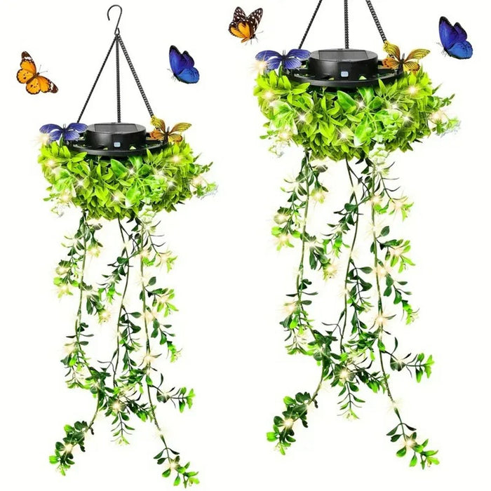 2Pcs Solar Hanging Garden Lights Flower & Grass Vine Fairy String Lights IP65 Waterproof for Porch Balcony Decor - 2