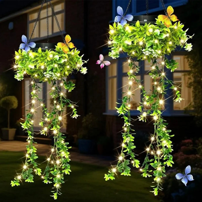 2Pcs Solar Hanging Garden Lights Flower & Grass Vine Fairy String Lights IP65 Waterproof for Porch Balcony Decor - 3