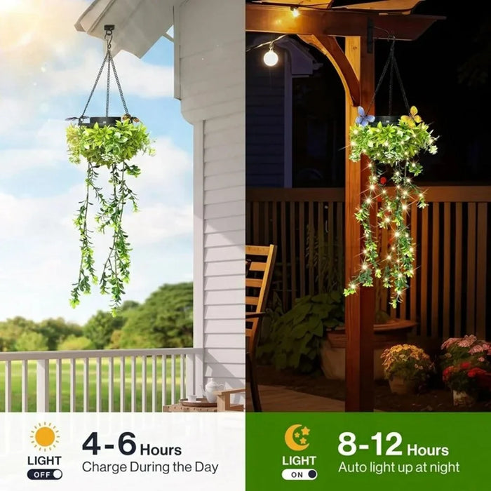 2Pcs Solar Hanging Garden Lights Flower & Grass Vine Fairy String Lights IP65 Waterproof for Porch Balcony Decor - 4