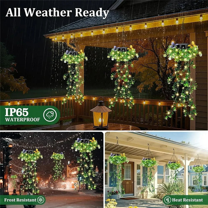 2Pcs Solar Hanging Garden Lights Flower & Grass Vine Fairy String Lights IP65 Waterproof for Porch Balcony Decor - 6