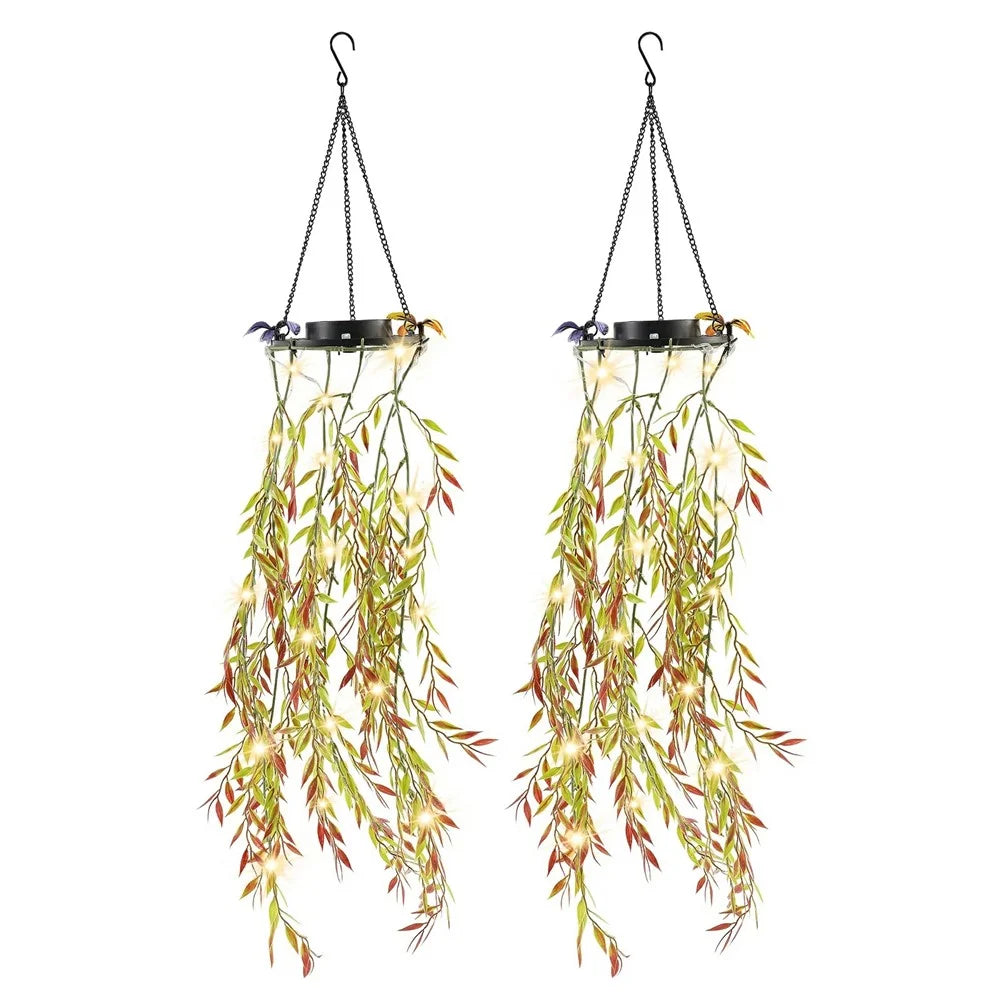 2Pcs Willow Leaves LED String Lights Outdoor Solar Hanging Artificial Plants Waterproof Fake Foliage Decor - 1