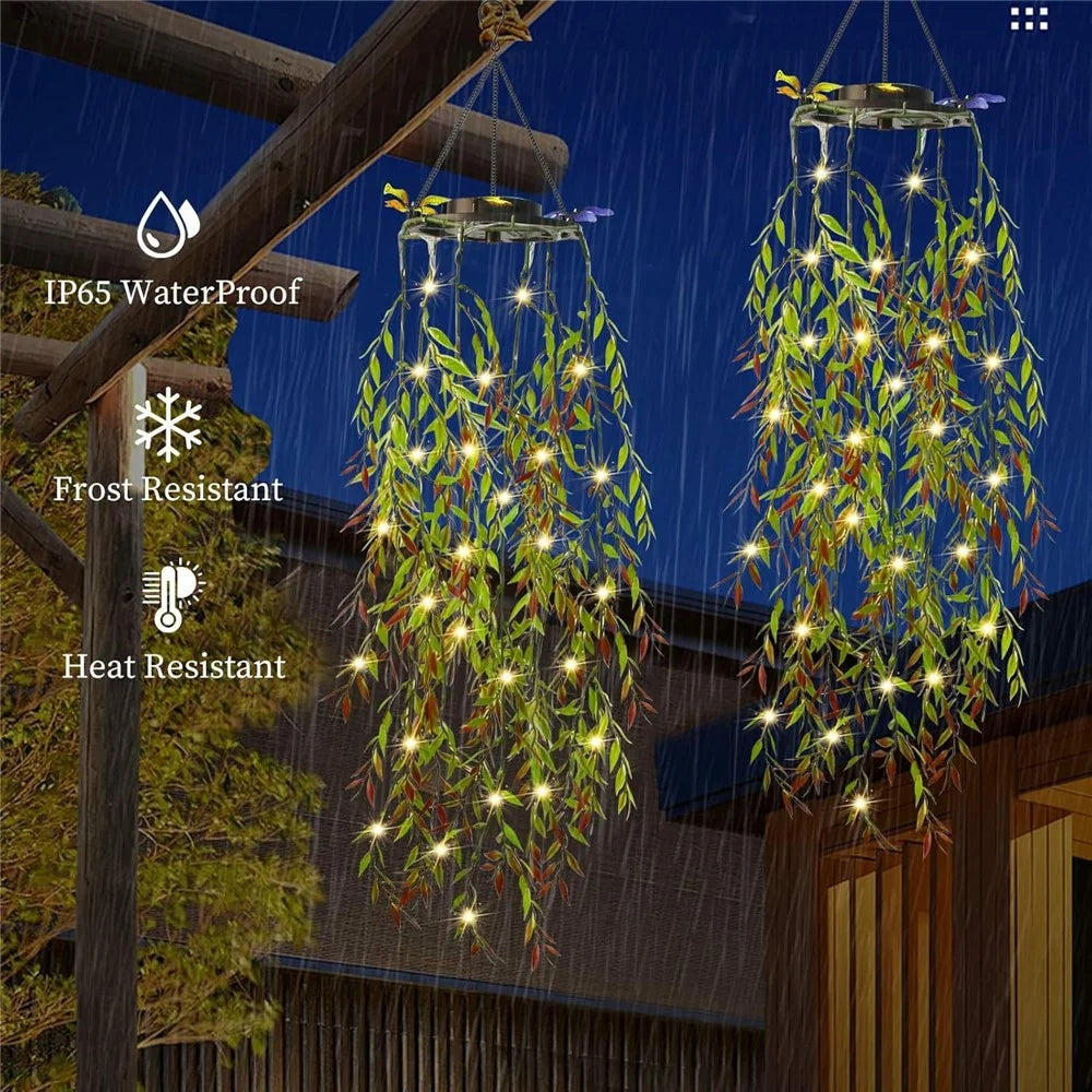 2Pcs Willow Leaves LED String Lights Outdoor Solar Hanging Artificial Plants Waterproof Fake Foliage Decor - 2