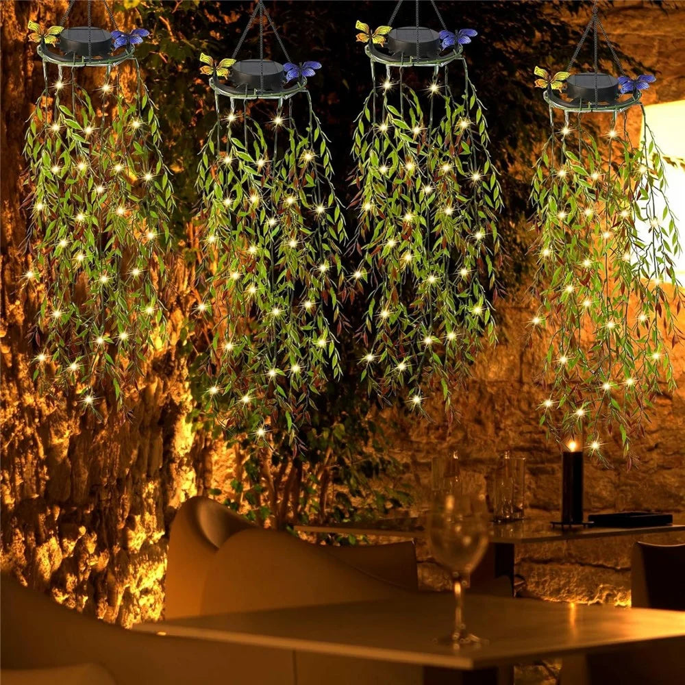 2Pcs Willow Leaves LED String Lights Outdoor Solar Hanging Artificial Plants Waterproof Fake Foliage Decor - 4