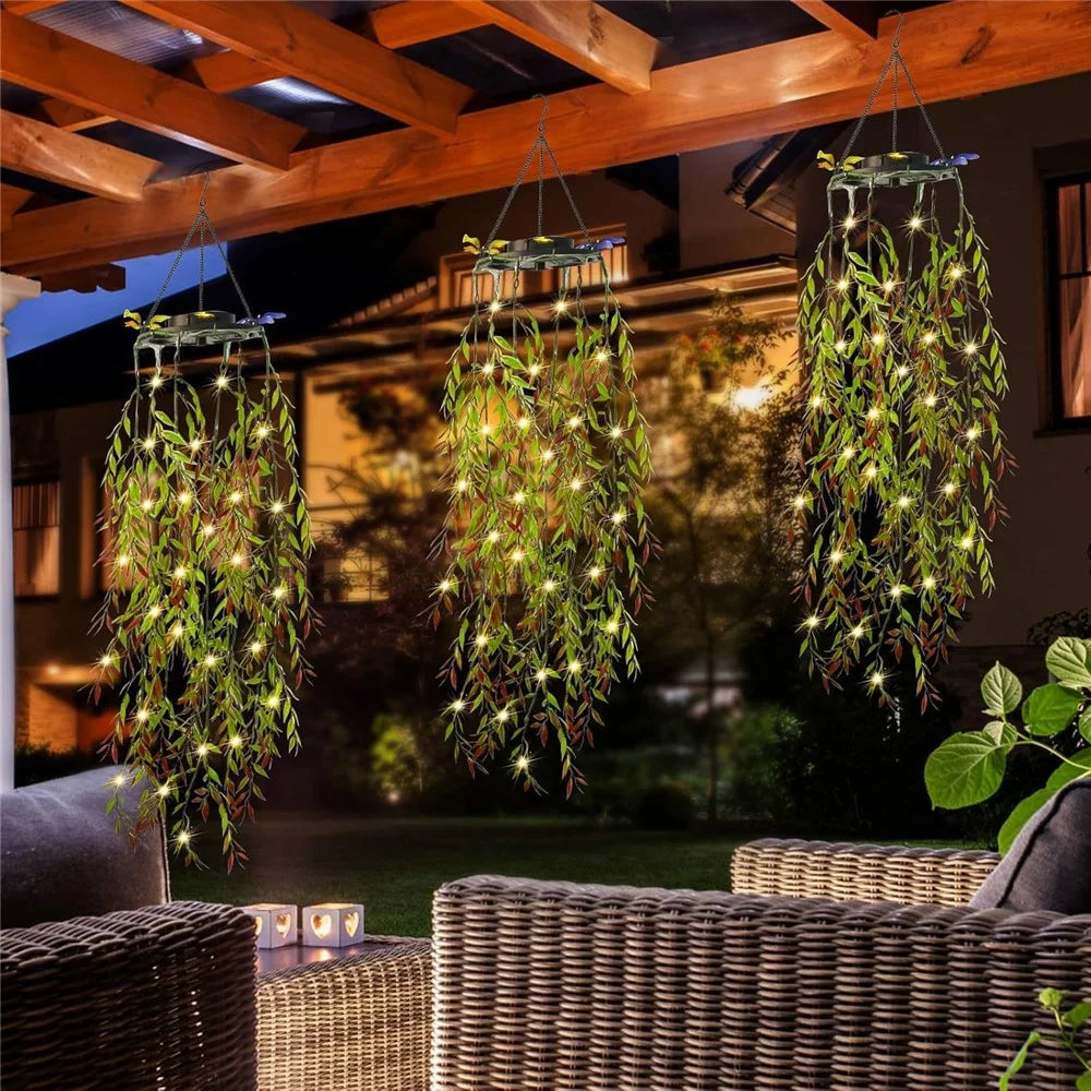 2Pcs Willow Leaves LED String Lights Outdoor Solar Hanging Artificial Plants Waterproof Fake Foliage Decor - 5