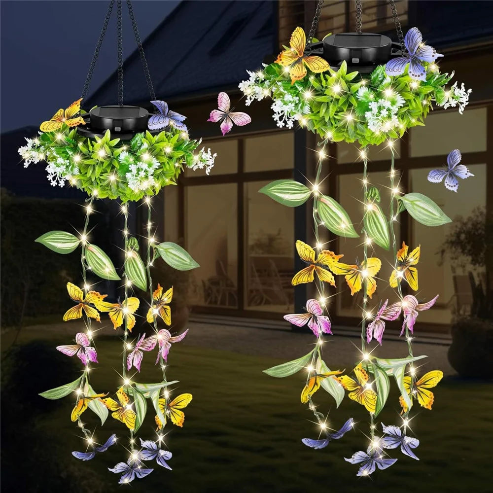 2Pcs Outdoor Solar Powered Butterfly Vine Lights Waterproof Artificial Hanging Plants Garden Patio Decor - 2