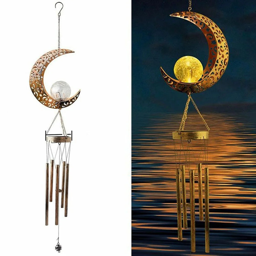 Solar Powered Wind Chime Moon Shape Iron Art Waterproof LED Decorative Outdoor Garden Hanging Light - 1