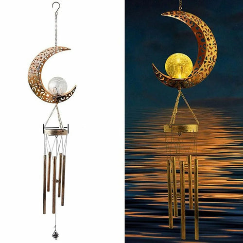 Solar Powered Wind Chime Moon Shape Iron Art Waterproof LED Decorative Outdoor Garden Hanging Light - 1