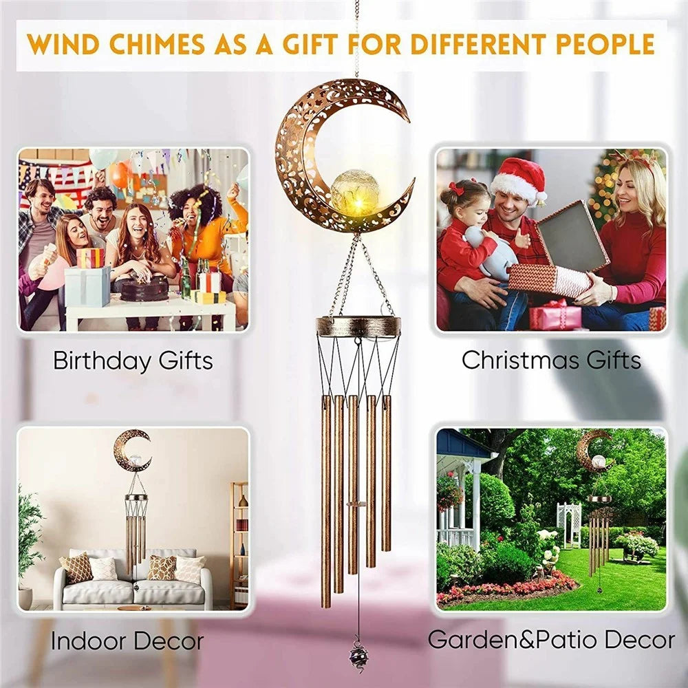 Solar Powered Wind Chime Moon Shape Iron Art Waterproof LED Decorative Outdoor Garden Hanging Light - 2