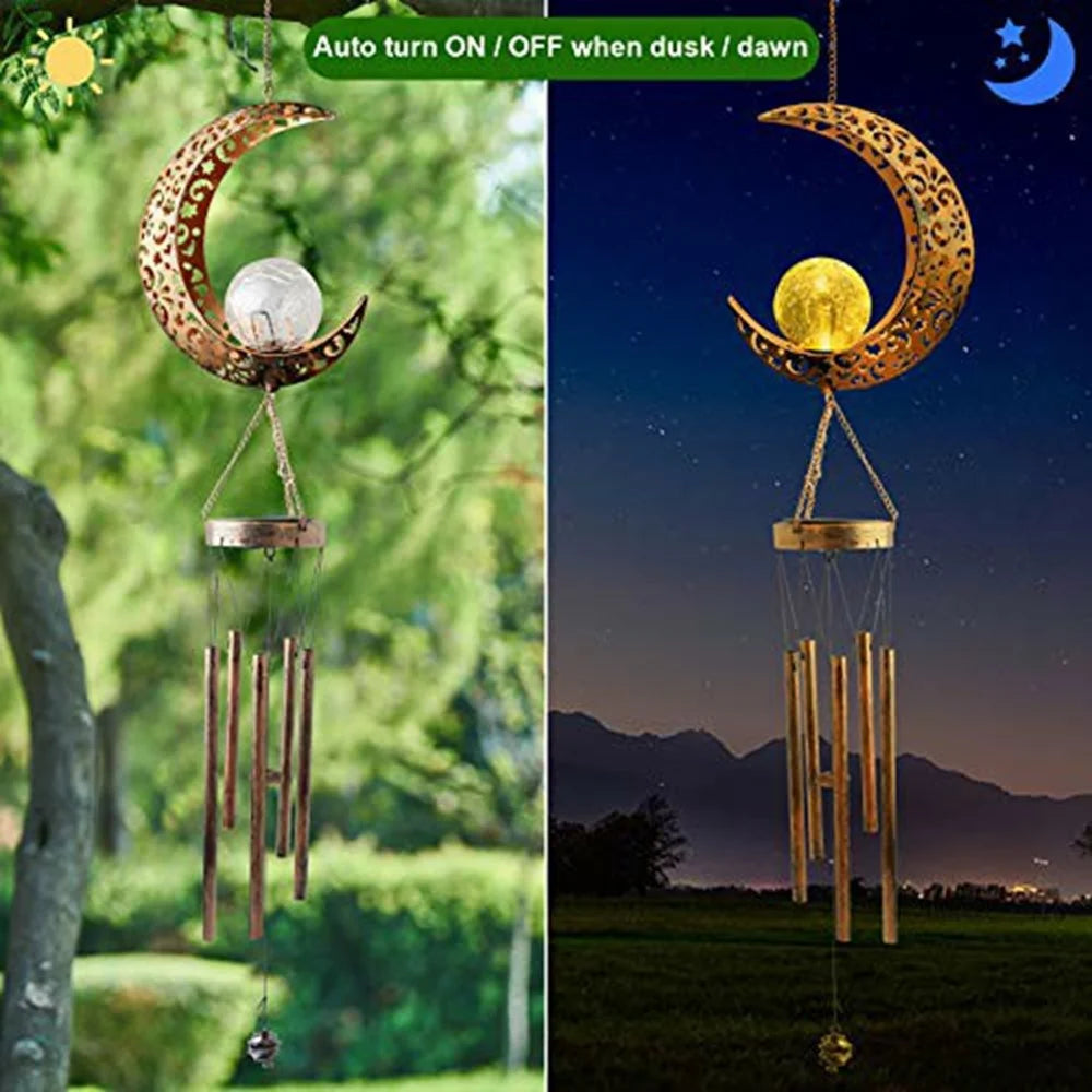 Solar Powered Wind Chime Moon Shape Iron Art Waterproof LED Decorative Outdoor Garden Hanging Light - 3