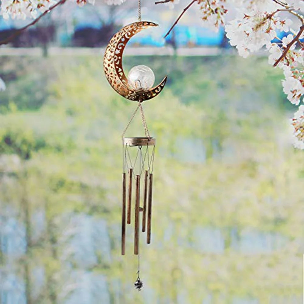 Solar Powered Wind Chime Moon Shape Iron Art Waterproof LED Decorative Outdoor Garden Hanging Light - 5