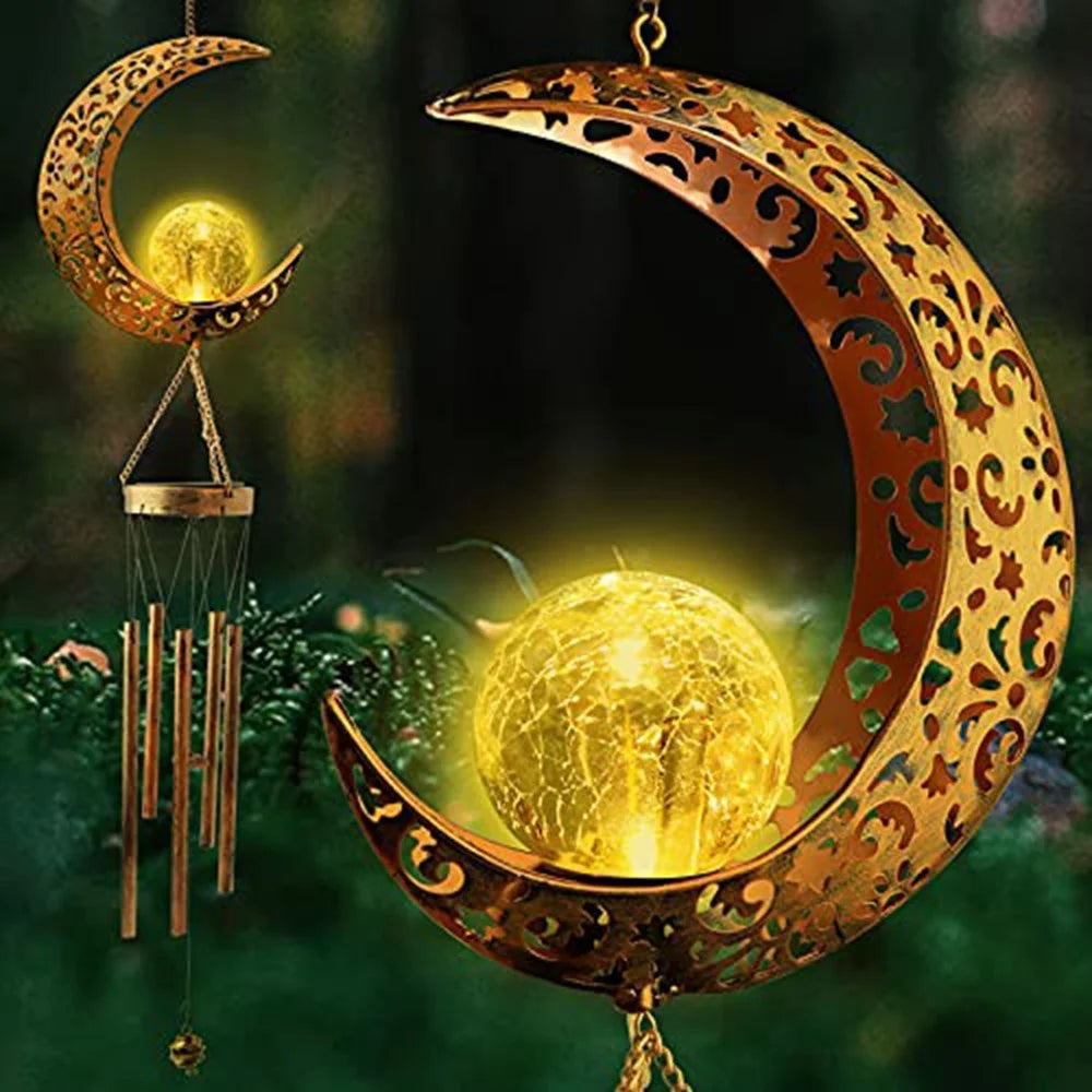 Solar Powered Wind Chime Moon Shape Iron Art Waterproof LED Decorative Outdoor Garden Hanging Light - 7
