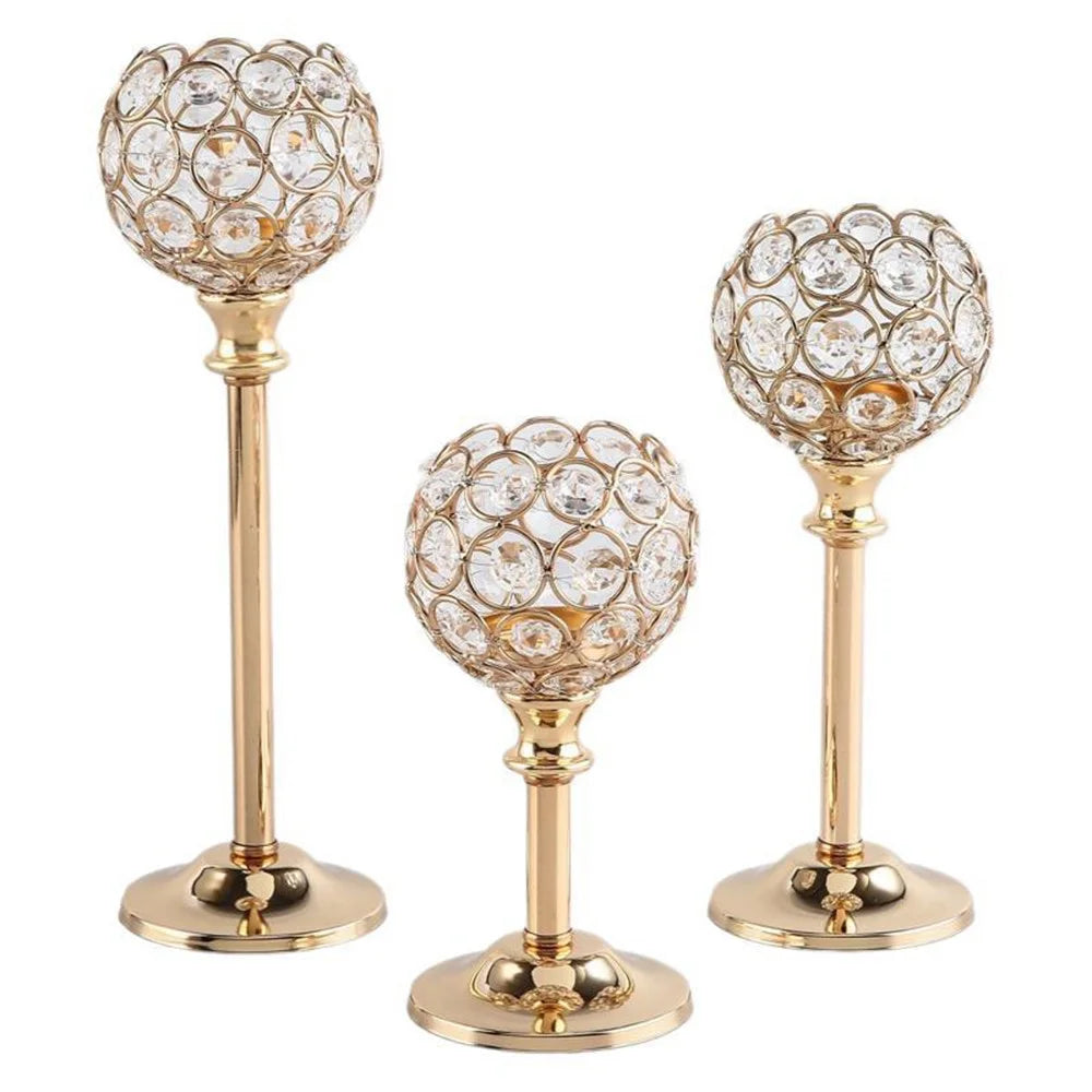 3Pcs Mini Crystal Candlestick Set (Large + Medium + Small) Electroplated Candle Holder for Hotel Home Table Decoration - Gold - 1