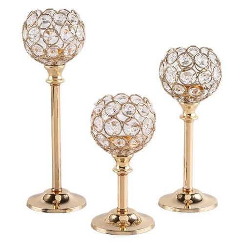 3Pcs Mini Crystal Candlestick Set (Large + Medium + Small) Electroplated Candle Holder for Hotel Home Table Decoration - Gold - 1