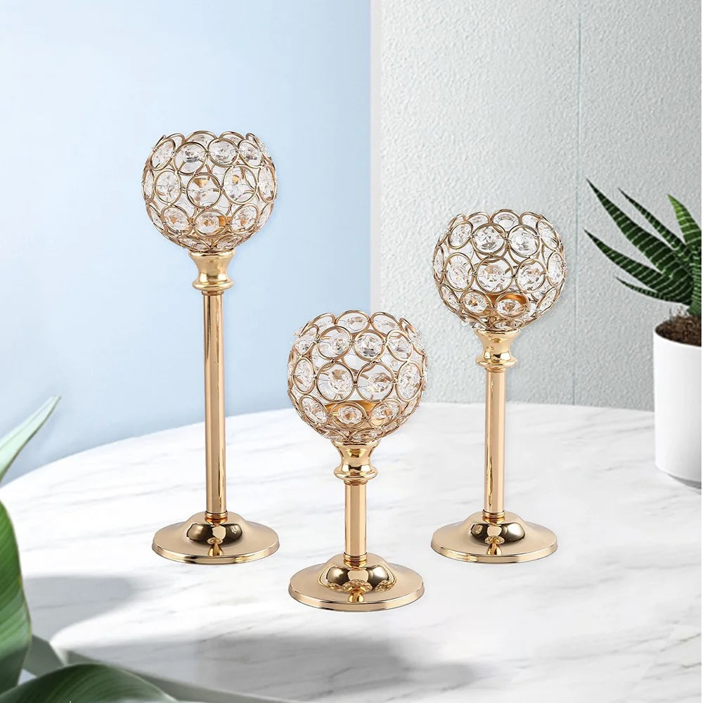 3Pcs Mini Crystal Candlestick Set (Large + Medium + Small) Electroplated Candle Holder for Hotel Home Table Decoration - Gold - 2