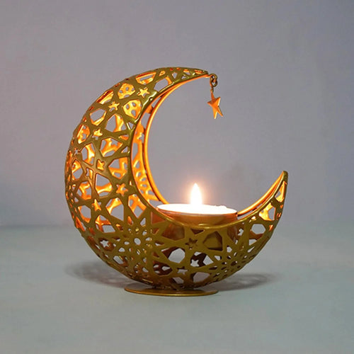 Moon Shape Candle Holder Iron Art Hollow Aromatherapy Furnace Decorative Home Craft Candlestick - Gold - 1