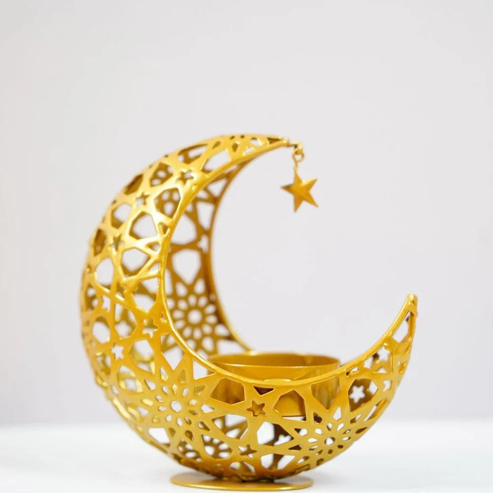 Moon Shape Candle Holder Iron Art Hollow Aromatherapy Furnace Decorative Home Craft Candlestick - Gold - 2