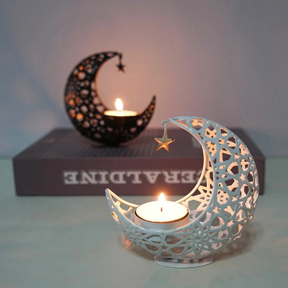 Moon Shape Candle Holder Iron Art Hollow Aromatherapy Furnace Decorative Home Craft Candlestick - Gold - 3