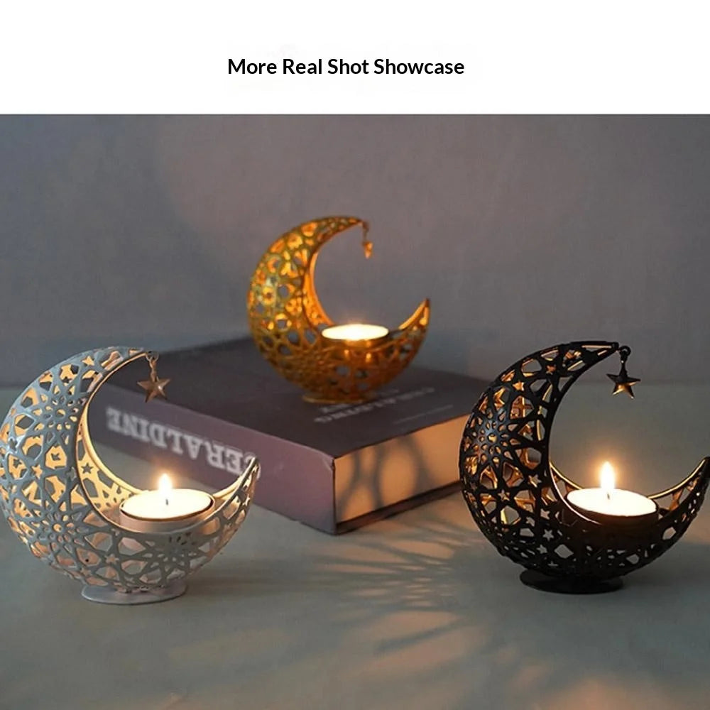 Moon Shape Candle Holder Iron Art Hollow Aromatherapy Furnace Decorative Home Craft Candlestick - Gold - 5