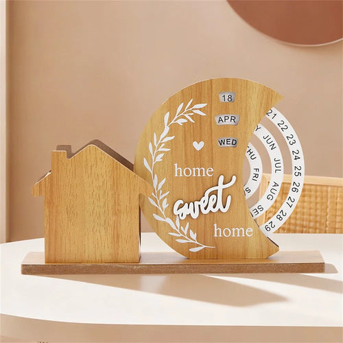 Creative Wooden Perpetual Calendar Desk Organizer Stress Relief Rotating Decoration Pen Holder for Students  /  Office Gifts - Moon - 1