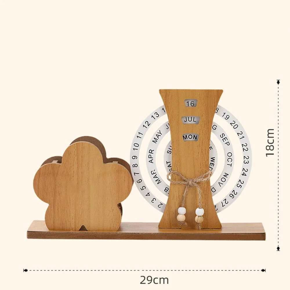 Creative Wooden Perpetual Calendar Desk Organizer Stress Relief Rotating Decoration Pen Holder for Students  /  Office Gifts - Moon - 3