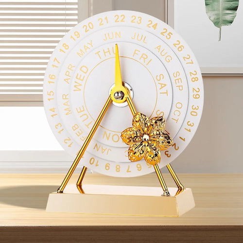 Creative Metal Desk Calendar Perpetual Manual Rotating Office Decor Ornament Gift - White  /  Gold Flower - 1
