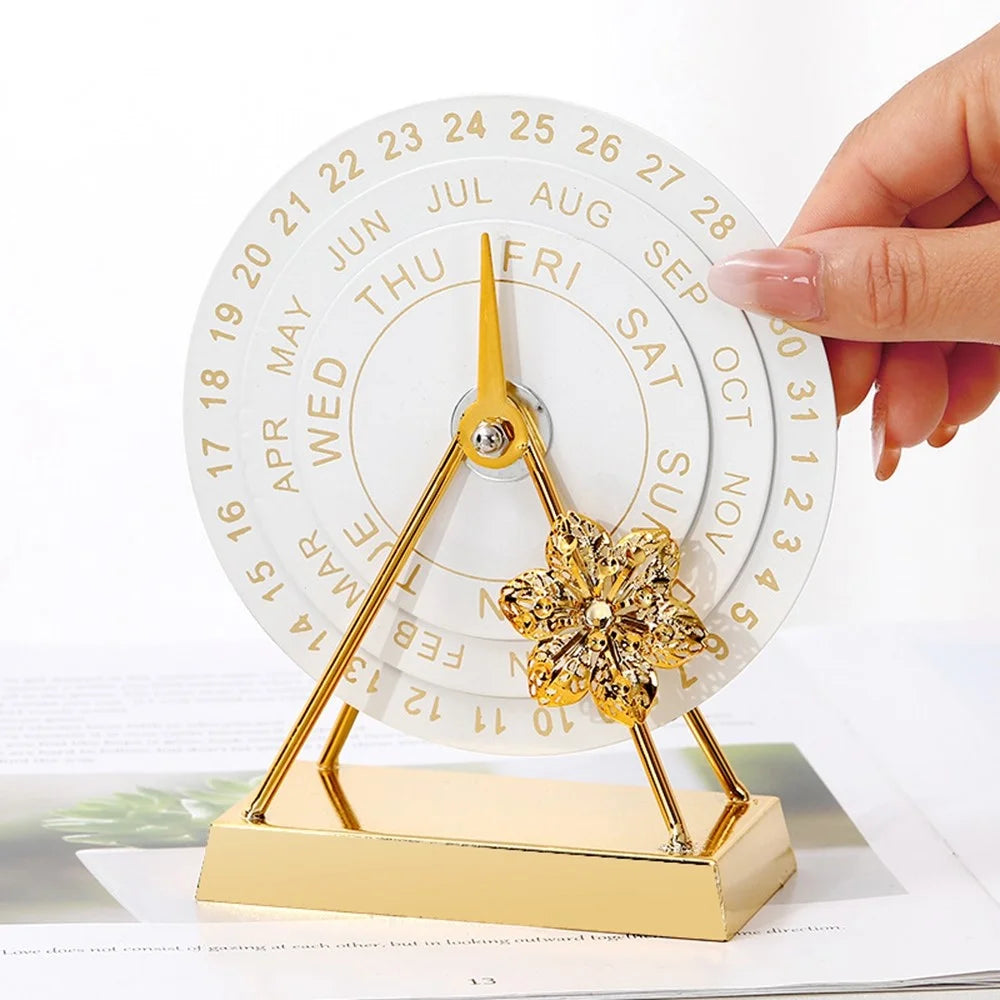 Creative Metal Desk Calendar Perpetual Manual Rotating Office Decor Ornament Gift - White  /  Gold Flower - 2