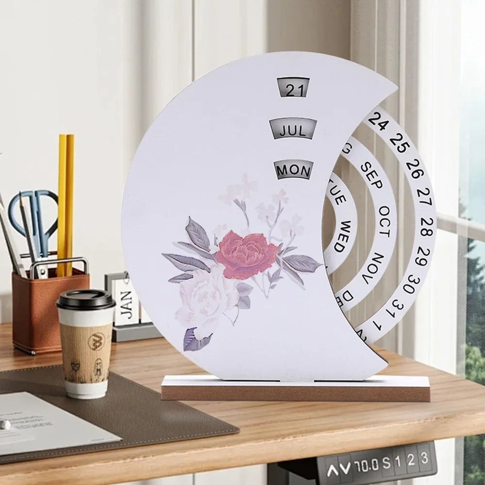DIY Creative Wooden Perpetual Calendar Desktop Family Handmade Table Decoration Ornament - White Moon - 4