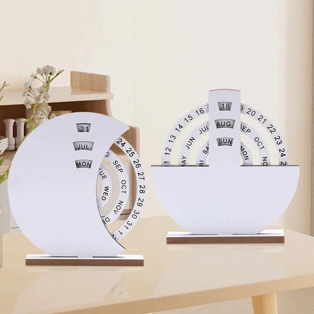 DIY Creative Wooden Perpetual Calendar Desktop Family Handmade Table Decoration Ornament - White Moon - 7