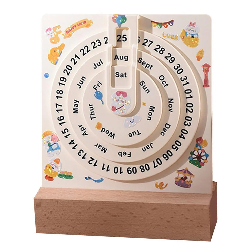 Creative Desk Calendar Wooden Rotating Perpetual Calendar for Home Office Desktop Decor, without Sticker - 1
