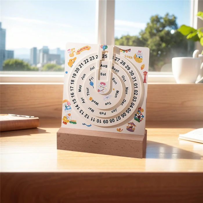 Creative Desk Calendar Wooden Rotating Perpetual Calendar for Home Office Desktop Decor, without Sticker - 2