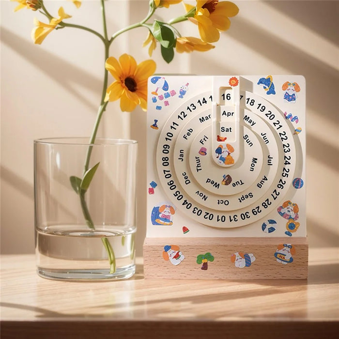 Creative Desk Calendar Wooden Rotating Perpetual Calendar for Home Office Desktop Decor, without Sticker - 4