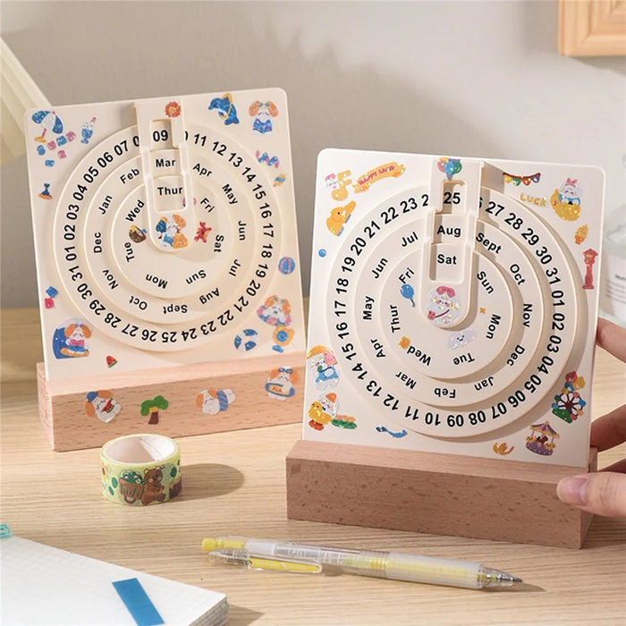 Creative Desk Calendar Wooden Rotating Perpetual Calendar for Home Office Desktop Decor, without Sticker - 5