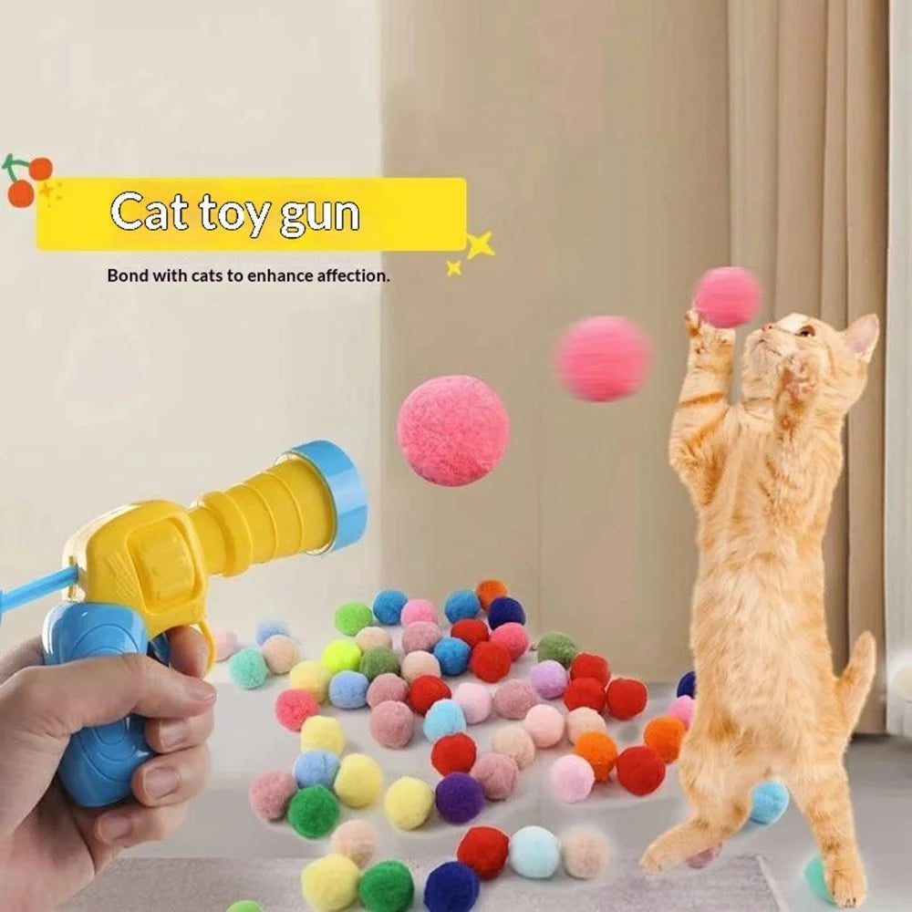 Cat Interactive Plush Ball Launcher Gun with 20 Colorful Balls Kitten Boredom Relief Toy for Indoor Play - 2