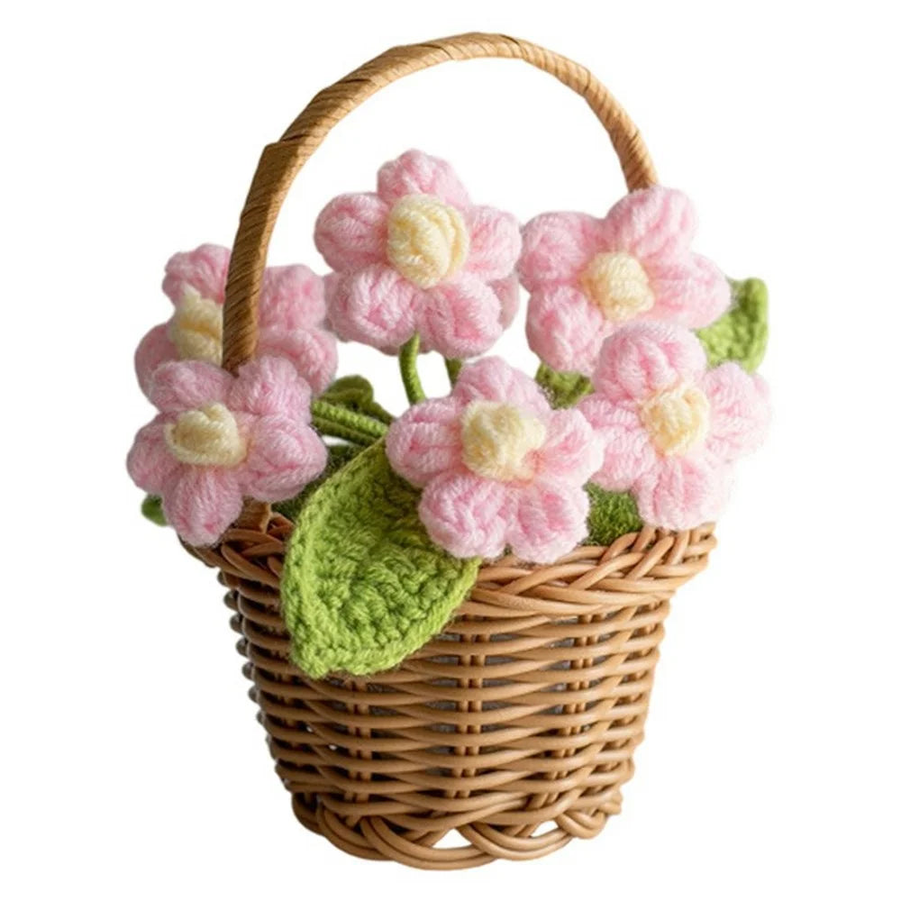 Handmade Crochet Flower Basket Knitted Flower Ornaments Artificial Plant Puff Flower Pot Desktop Decoration - Pink - 1
