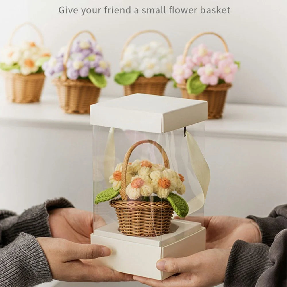 Handmade Crochet Flower Basket Knitted Flower Ornaments Artificial Plant Puff Flower Pot Desktop Decoration - Pink - 3