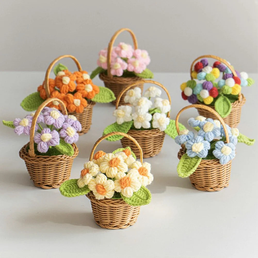 Handmade Crochet Flower Basket Knitted Flower Ornaments Artificial Plant Puff Flower Pot Desktop Decoration - Pink - 4
