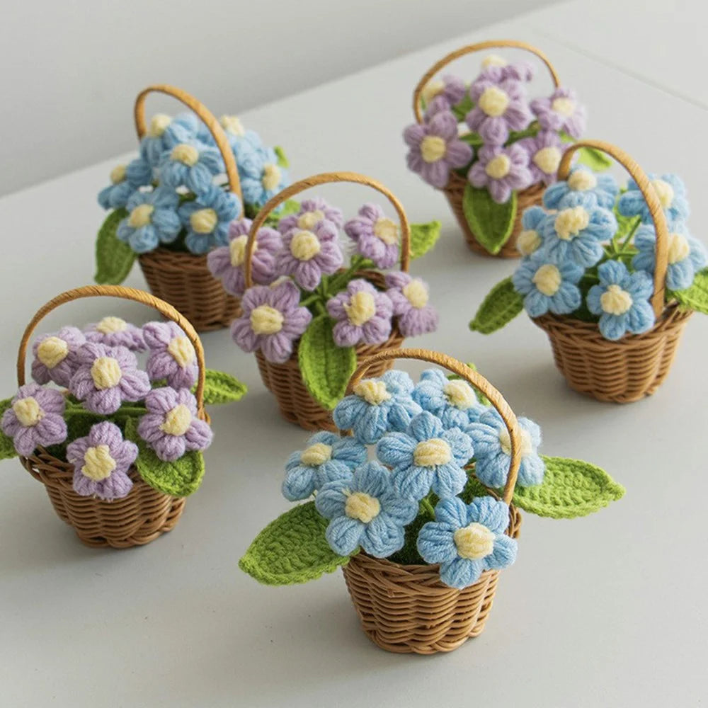 Handmade Crochet Flower Basket Knitted Flower Ornaments Artificial Plant Puff Flower Pot Desktop Decoration - Pink - 6