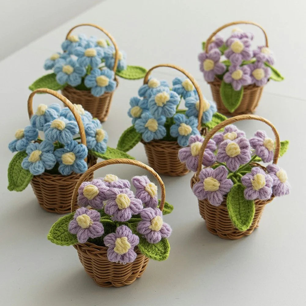 Handmade Crochet Flower Basket Knitted Flower Ornaments Artificial Plant Puff Flower Pot Desktop Decoration - Pink - 7