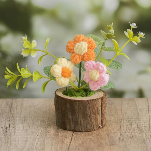 Handmade Crochet Flower Pot Artificial Plant Desktop Decoration Ornament for Home / Office - 3-Head Flower / Pink - 1