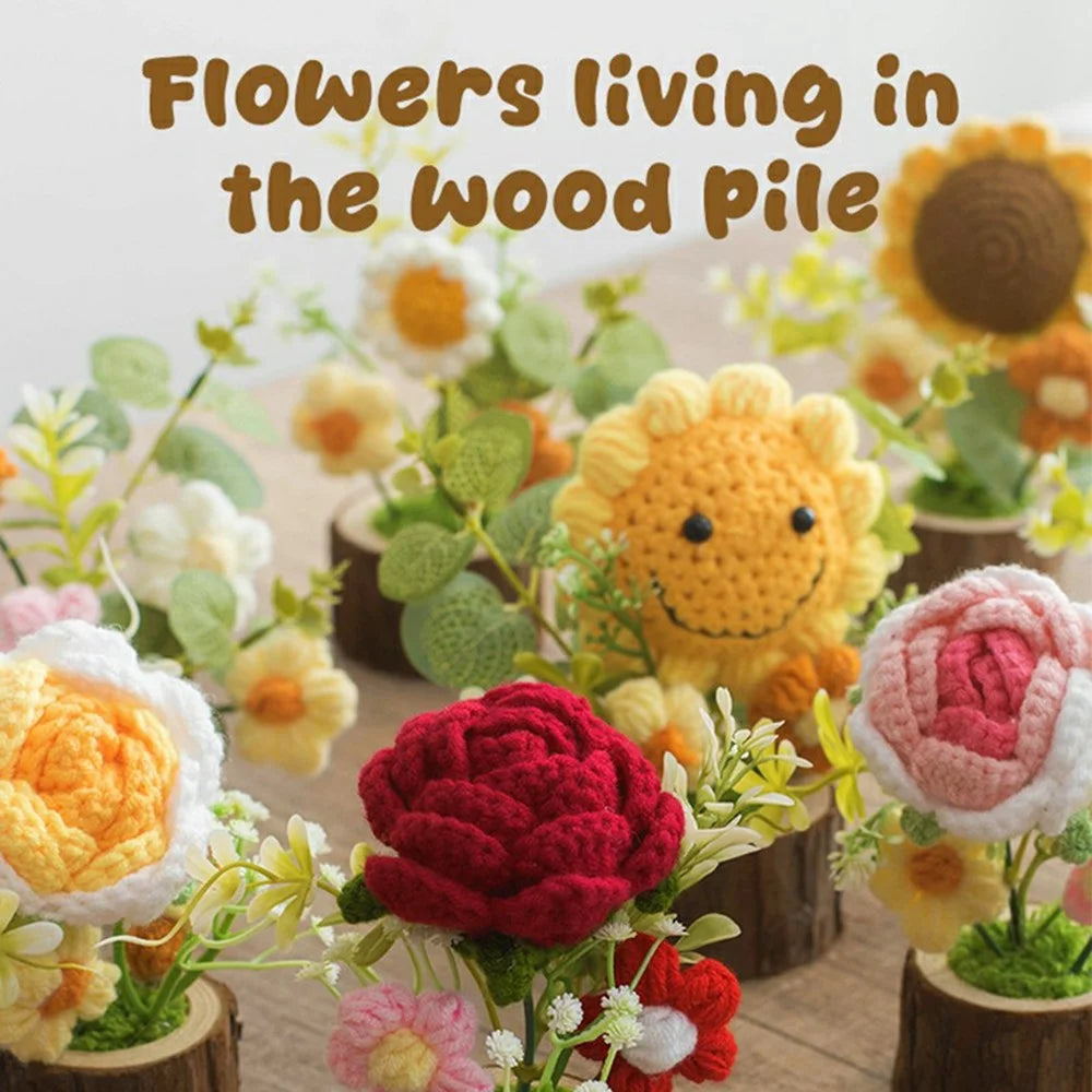 Handmade Crochet Flower Pot Artificial Plant Desktop Decoration Ornament for Home / Office - 3-Head Flower / Pink - 2