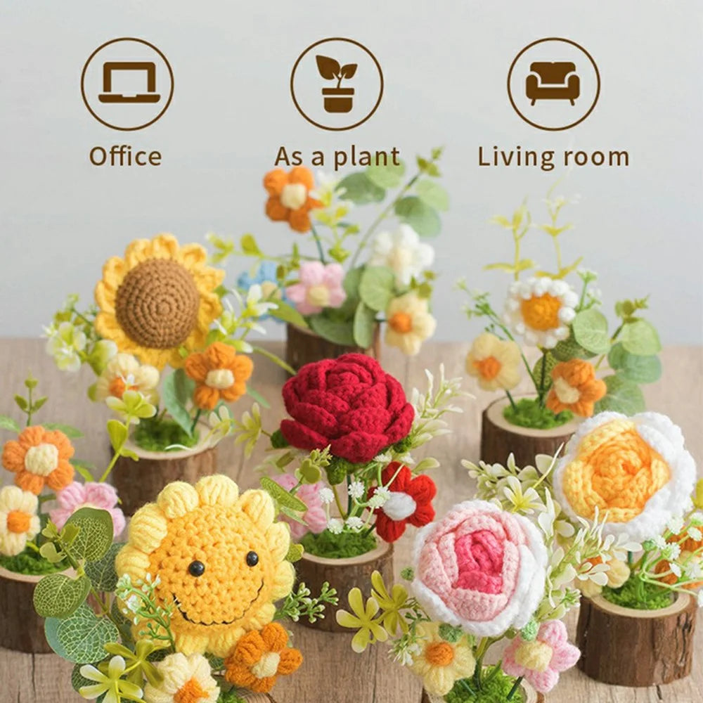 Handmade Crochet Flower Pot Artificial Plant Desktop Decoration Ornament for Home / Office - 3-Head Flower / Pink - 3