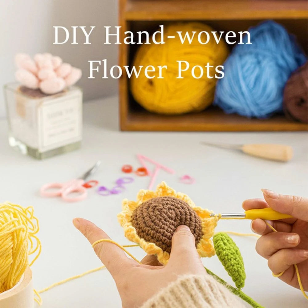 Handmade Crochet Flower Pot Artificial Plant Desktop Decoration Ornament for Home / Office - 3-Head Flower / Pink - 4
