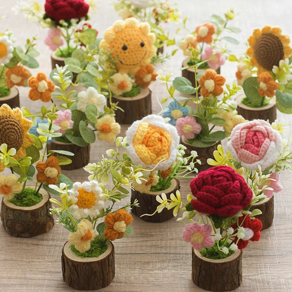 Handmade Crochet Flower Pot Artificial Plant Desktop Decoration Ornament for Home / Office - 3-Head Flower / Pink - 5